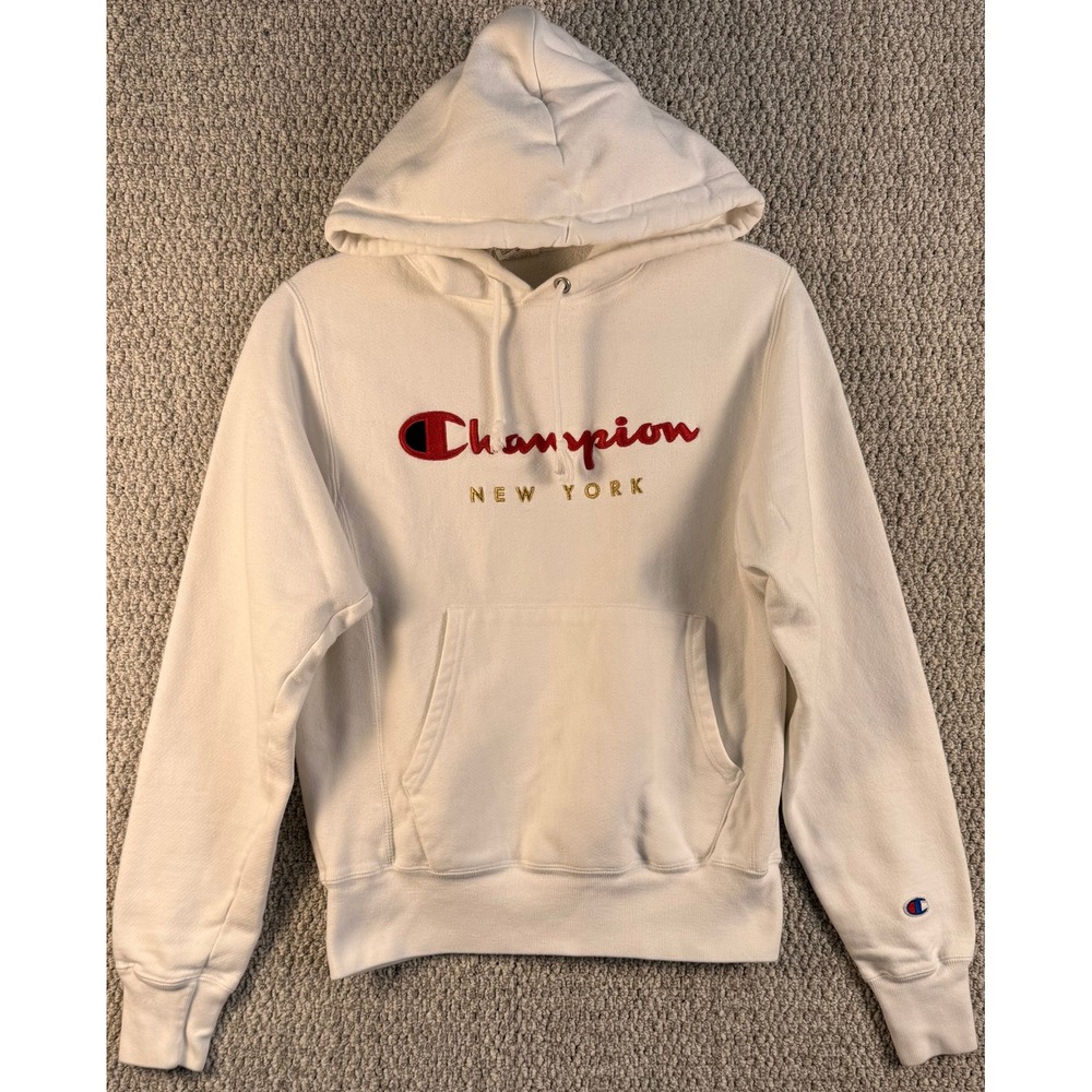 Y2K Champion Reverse Weave Hoodie XS White New York Embroidered Sweatshirt